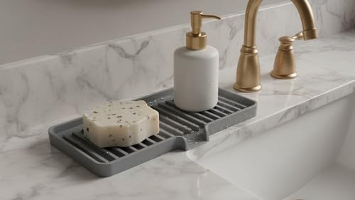Silicone Soap Dish Tray and Sponge Holder with Drain Chute, Rectangular, Kitchen and Bathroom Sink Organizer (Smoky Blue, 9"x3.5") - color: Smoky Blue, size: (MD) 9"x3.5"