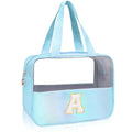 Personalized Initial Clear Makeup Bag Blue Cosmetic Bag Set Large Travel Toiletry Bag, Cute Clear Make Up Bags Organizer Bag for Girlfriend Teacher Gifts Teen Girl Gifts Trendy Stuff A (Blue) - color: Blue, style: A