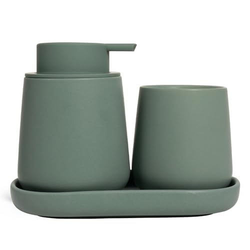 INGOFIN 3 Pcs Ceramic Bathroom Accessory Set - Liquid Soap Dispenser, Toothbrush Holder & Tray, Bathroom Counter Set, Countertop Essentials for Home, Guest Bathroom, or Office Use, Matte Green - style: Liquid-Matte Green