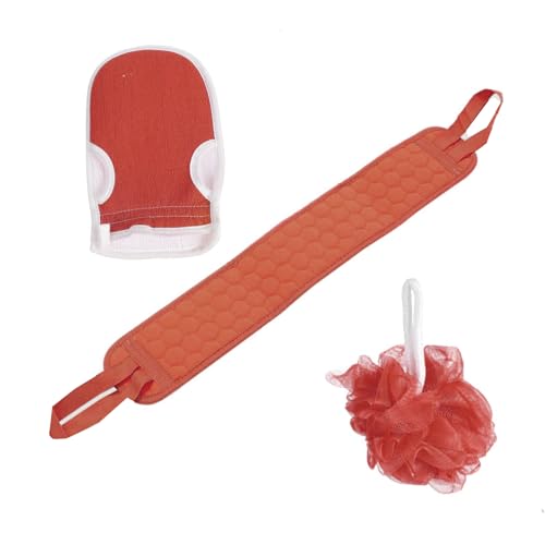 3 Pcs Exfoliating Bath Set with Back Scrubber Strap Shower Glove and Loofah Sponge for Deep Body Cleaning and Full Body Exfoliation(Red) - color: Red