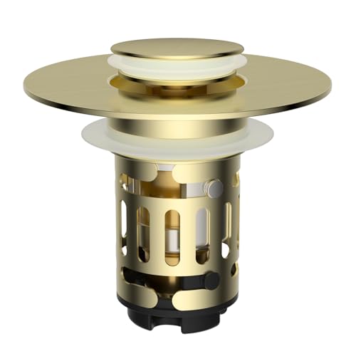 Hibbent Upgraded 3 in 1 Bathroom Sink Drain Strainer, Universal Pop Up Stopper with Removable Stainless Steel Filter Basket Hair Catcher, Sink Plug for 1.1''~2.36'' Basin, Brass Core, Brushed Gold - color: Brushed Gold