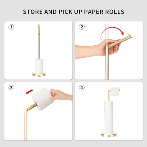 RFOUO Brushed Gold Toilet Paper Holder Stand 1 pc, Free Standing Toilet Paper Holder Stand,Bathroom Toilet Paper Storage with 2.7 Pounds Heavy Base for 4+1 Rolls,Toilet Tissue Holder - color: Brushed Gold