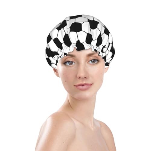 Sport Football Pattern Shower Cap For Women Reusable Waterproof Double Layers Bath Cap Hair Protection Elastic Ladies Spa Salon Shower Hat - color: Football Pattern