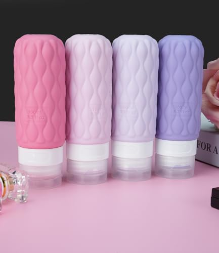 Silicone Travel Bottles for Toiletries 8 Pack Travel Size Toiletries 3.4 oz 1.7 oz, Leakproof Squeeze Travel Size Containers Refillable Cosmetic Jars Set for Shampoo, Conditioner, Creams - color: Purple-3.4oz