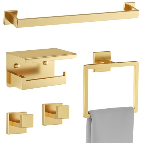 Brushed Gold Towel Bar Set 5 Pieces Bathroom Hardware Accessories Set,Upgraded Toilet Paper Holder with Shelf,Stainless Steel Towel Holder Set for Bathroom,Wall-Mounted 23.6 in - color: 5pcs-gold