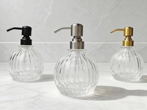 Round Bathroom Soap Dispenser Gold Pump, Glass Bottle with Stainless Steel Pump Liquid Soap Dispenser Sphere Counterto Hand Kitchen - color: Gold, size: 11oz-Round