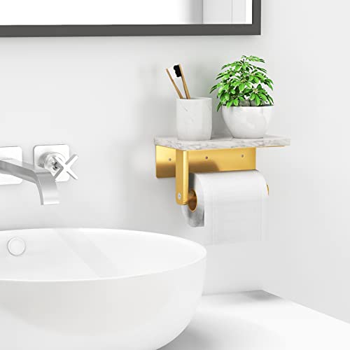 Brushed Gold Toilet Paper Holder with Natural Marble Shelf, 304 Stainless Steel Screw Wall Mounted, Tissue Roll Paper Holder Dispenser for Bathroom Washroom - color: Gold