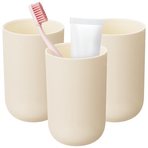 NiHome Toothbrush Holders for Bathrooms 3 Pcs, Plastic Reusable Bathroom Tumbler Toothbrush Cups, 13.5oz Unbreakable Mouthwash Cups Easy to Clean (Cream) - color: Cream