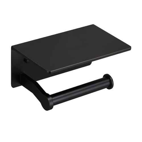 Toilet Paper Holder with Cell PhoneShelf - Toilet Tissue Holder with Wipes Storage, Wall Mounted by Adhesive Tape or Screw - Matte Black - color: Black-1 Roll