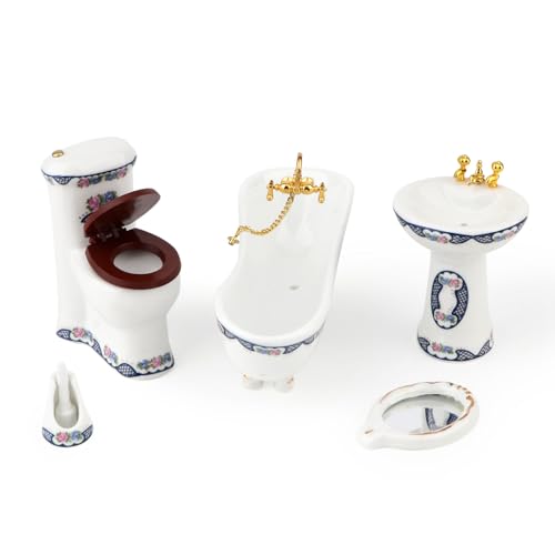 Dollhouse Bathroom Set 5PCS Miniature Porcelain Furniture 1/12 Victorian Dollhouse Furniture White Ceramic Toilet Bathtub Washbasins Decoration Accessory (Blue) - style: Blue
