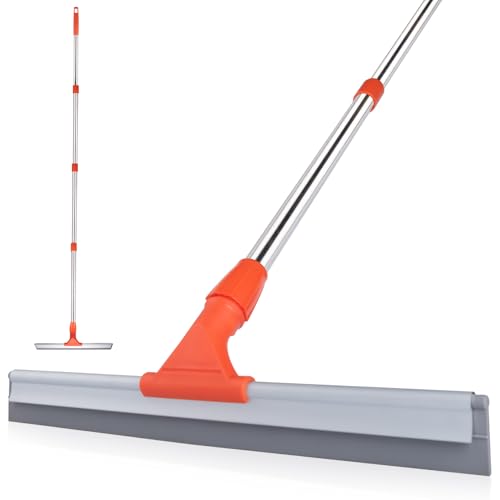 BITOPE Floor Squeegee for Cleaning, 17.3" Heavy-Duty Squeegee for Floor, Silicone Scrubber Broom with 5 Ft Stainsless Steel Long Handle for Bathroom, Glass Windows, Tile, Garage, Deck