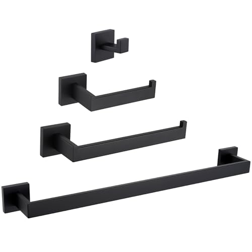 Bathroom Hardware Set Matte Black, Angle Simple Stainless Steel Bath Accessory Kit, 4 Pieces - Towel Hook, Toilet Paper Holder, Towel Holder and Towel Bar - color: Matte Black