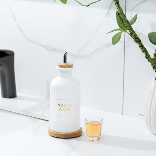 11.8OZ Mouthwash Dispenser for Bathroom with Bamboo & Stainless Steel Pour Spout, Mouthwash Cup Reusable, Bamboo Tray, and Elegant Gold Label. （White - color: White/350*1
