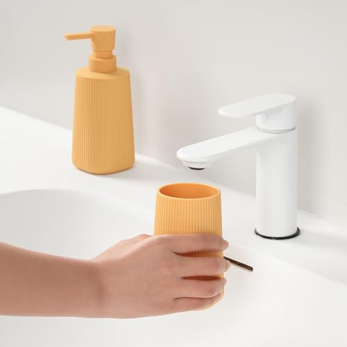 YAUKPH Bathroom Accessories Set 2 Piece Soap Dispenser and Toothbrush Holder for Bathroom Countertop Striped Yellow - color: Striped Yellow