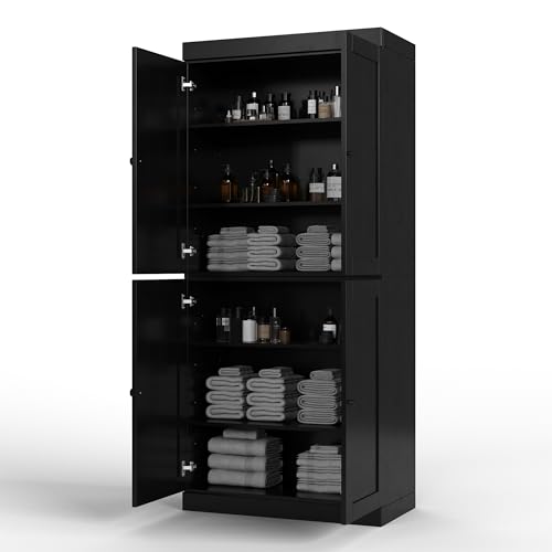 Palace Imports Solid Wood Tall Bathroom Pantry Cabinet with 4 Shaker Doors & Adjustable Shelves, Black - 100% Eco-Friendly, Renewable, Space-Saving Storage, 71.5" H x 32" W, Made in Brazil - color: Black