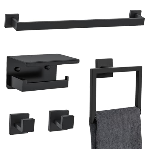 5 Pieces Black Towel Bar Set Bathroom Hardware Accessories Set Upgraded Toilet Paper Holder with Shelf Towel Holder Set for Bathroom Stainless Steel Wall Mounted - color: 5pcs-black