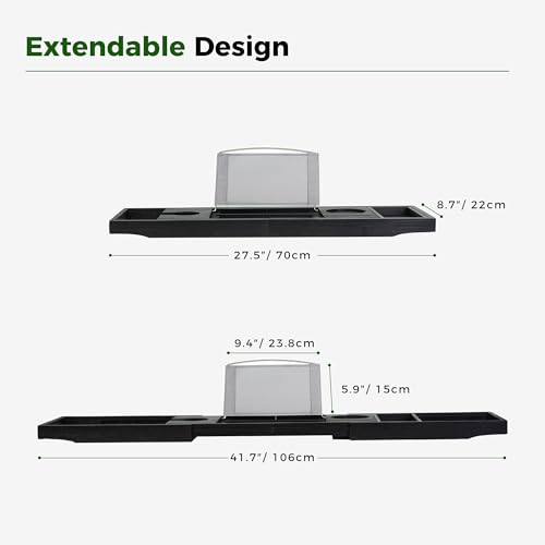 Utoplike Bamboo Bathtub Tray Caddy, Black Bath Tray Table for Tub, Adjustable Bathroom Organizer with Book Tablet Wine Glass Cup Towel Holder - color: Black