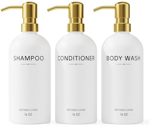 Shampoo and Conditioner Dispenser Set,3 Refillable 16oz Bottles with Stainless Steel Pumps – Shower Soap Dispensers for Bathroom, Hotel or Airbnb (Gold, 3-Pack) - color: Gold