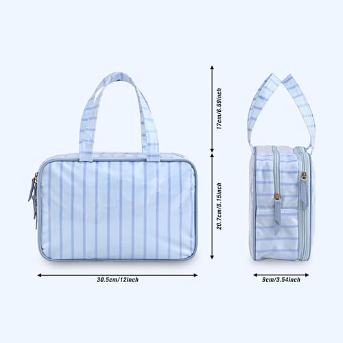 Travel Toiletry Bag for Women, Waterproof Clear Coated Portable Stripe Makeup Cosmetic Bag with Compartment, Travel Organizer for Shampoo, Conditioner, Brushes Set,Cosmetic Accessories(Blue Stripe) - color: Blue Stripe