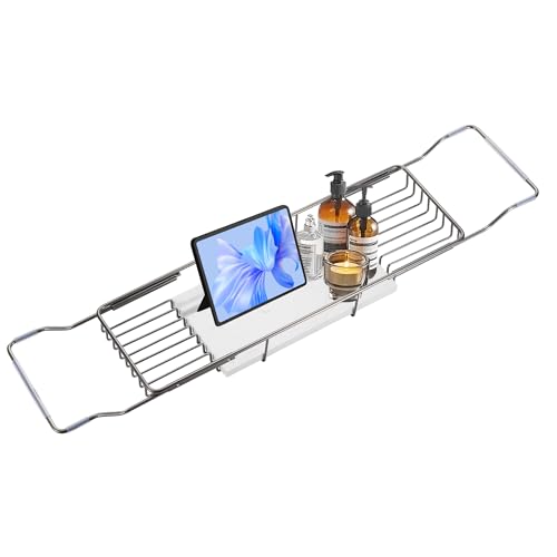 BVL Bathtub Tray Stainless Steel with Marble Base Gun Gray Bathtub Tray with White Marble Base Adjustable & Rustproof Bath Caddy for Spa, Relaxation, Bath Bombs - color: Gun Gray