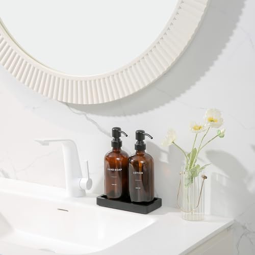 Prus Waso Amber Glass Soap Dispenser Set, Hand Soap and Lotion Set with Black Stainless Steel Pump, Perfect for Modern Bathroom Decor. (Amber) - color: Black Pump & Amber Bottle