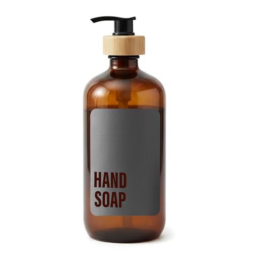 SAVVY & SORTED Amber Glass Hand Soap Dispenser for Bathroom, Kitchen Hand Soap Bottle with Label, Refillable Glass Bottle for Liquid Wash, Matching Dish Soap Dispenser Available, 17 Fl Oz / 500 ml - color: Amber - Hand Soap 500 Ml
