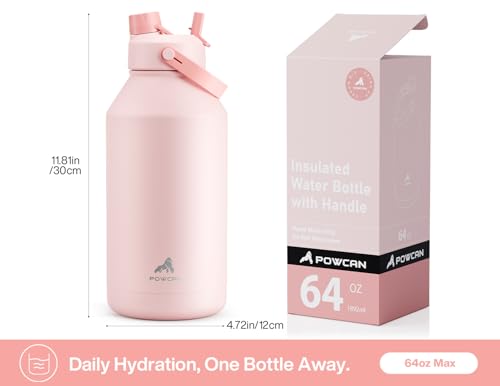 POWCAN 64 oz Insulated Water Bottle with 2-in-1 Straw and Spout Lid, Keep Cold 24H, Leak-Proof, BPA-Free, Double Wall Stainless Steel Water Bottle for Sports, Gym, Travel, and School (Cotton Candy) - color: Cotton Candy, size: 64 Ounces