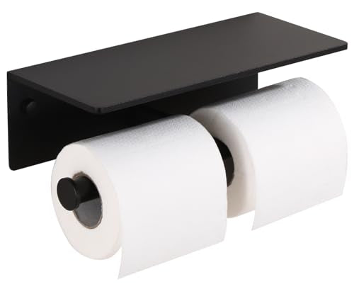 Toilet Paper Holder - Double Rolls Toilet Tissue Holder with Phone Shelf for Bathroom - TP Roll Holder with Wipes Storage, Wall Mounted by Adhesive Pad No Drilling or Screw - Matte Black - color: Black-2 Rolls