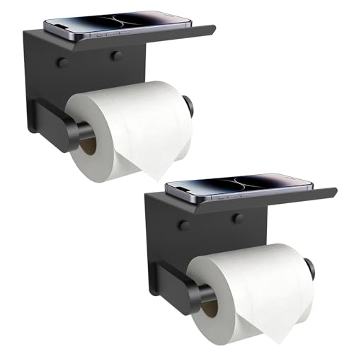 SetSail Toilet Paper Holder with Shelf Adhesive or Screw-in Bathroom Toilet Paper Roll Holders Wall Mount Matte Black Tissue Holder for Bathroom Hardware Accessories, 2 Packs - color: Matte Black, size: 2 Packs