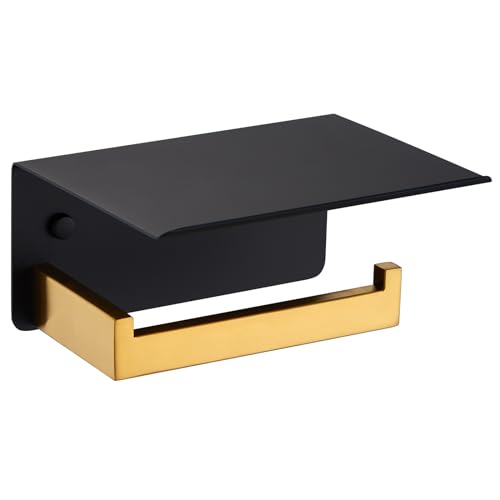 Toilet Paper Holder with Phone Shelf Black & Gold, APLusee 304 Stainless Steel Tissue Roll Dispenser Storage, Bathroom Accessories Wall Mounted - color: Black With Gold, size: Single Rod