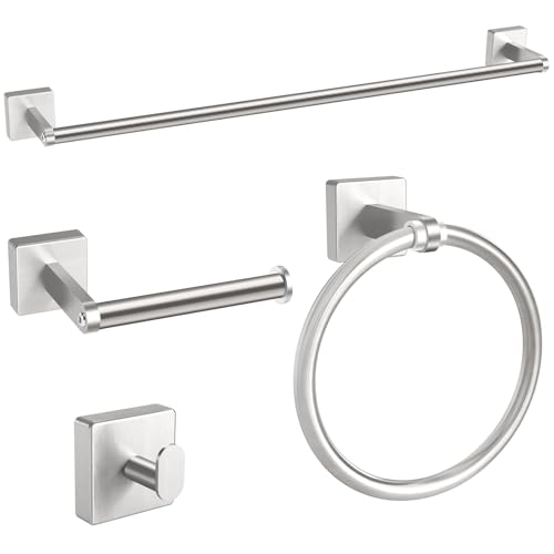 KLJKPA Brushed Nickel Bathroom Hardware Set, 24 inch Towel Racks for Bathroom, Stainless Steel Bathroom Accessories Set, Wall Mounted, 4-Piece - color: Brushed Nickel