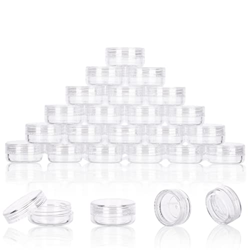3 Gram Sample Jars with Lids, 25 Count Mini Cosmetic Containers - Makeup Travel Containers with Labels, Tiny Disposable Spatulas - color: Clear