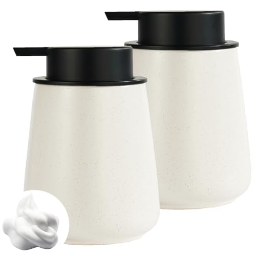 12Oz Hand Soap Dispenser Set - 2 Pack Ceramic Foam Soap Dispenser Set with Easy-to-Press Black Pump, Refillable Mordern Foaming Dish Soap Dispensers for Bathroom & Kitchen (Beige, Foam Pump) - color: Beige Foaming Dispenser