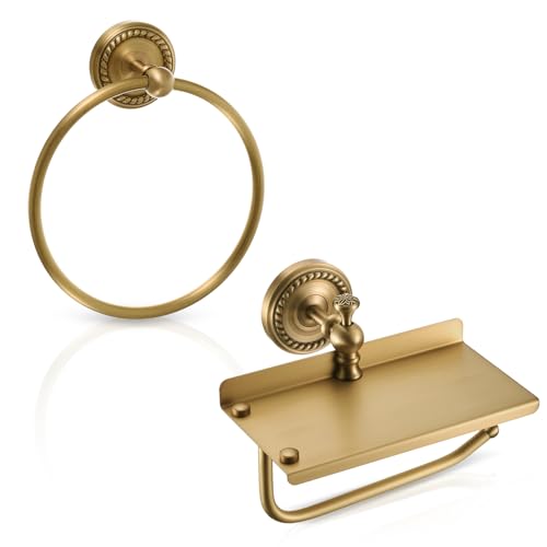 2 Pcs Antique Brass Braided Towel Ring and Toilet Paper Holder with Shelf, Wall Mounted Gold Tissue Roll Holder Hand Towel Ring Bathroom Hardware Accessories Set
