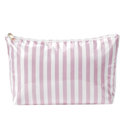 RSRSLEII Large Waterproof Travel Stripe Makeup Bag,Aesthetic PVC Toiletry Bag,Coquette Cosmetic Bag Organizer,Cute Preppy Carry-on Travel Accessories Essentials for Women Girls(Striated pink) - color: Striated pink