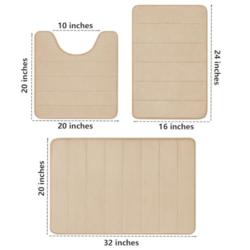 Bathroom Rugs Sets 3 Piece Memory Foam Bath Rugs,Non-Slip Bottom Bath Mat for Bathing,Showering,Machine Washable,Soft Toilet Mat,Beige - color: Beige