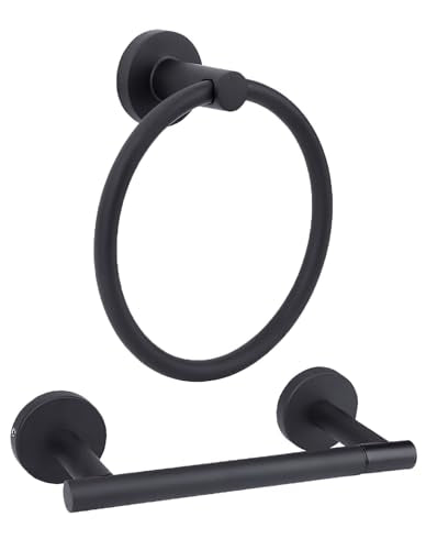 Matte Black Toilet Paper Holder Set, Stainless Steel Towel Ring, Double Post Pivoting Toilet Paper Holder and Hand Towel Holder Set for Bathroom,Bathroom Hardware Accessories Set Black - color: Matte Black