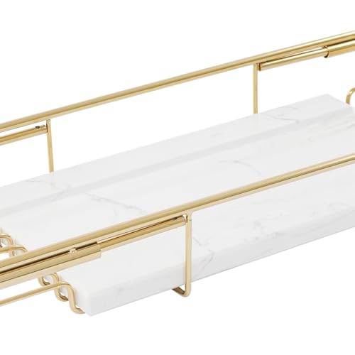 Stainless Steel Bathtub Tray with Removable Marble Board,Extendable Rectangular Bathtub Tray,Adjustable Bath Caddy Board for for Bath Bombs, Spa, Shower (Golden+White) - color: Golden+white