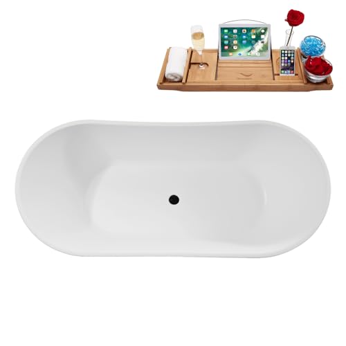Streamline 75" Freestanding Soaking Bathtub – Glossy White Acrylic Tub with Matte Black Internal Drain and Bamboo Tray – Modern Luxury Design – 85-Gallon Capacity