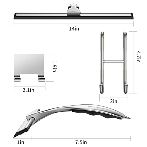 14-Inches Stainless Steel Shower Squeegee Set, Include Shower Door Hook, Adhesive Hook and Spare Silicone Blade, Window Squeegee for Shower Glass Door, Bathroom, Mirror, Window and Car Glass - color: Silver, size: 14-inch