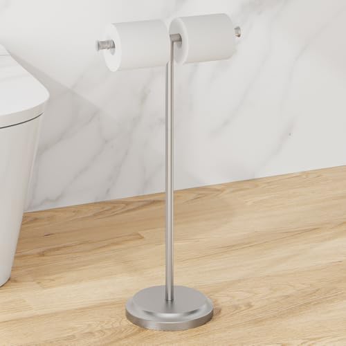 RUMOSE Toilet Paper Holder Stand Double Toilet Roll Holder for Floor | Brushed Nickel, 24" H, Bathroom Free standing Tissue Roll Holder, Rustproof, Weighted Base, Stainless Steel