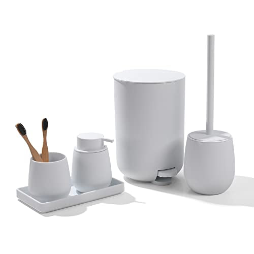 GAHEFY White Bathroom Accessories Set with Small Trash Can 3 Liter/0.8 Gallon,Toothbrush Holder,Soap Dispenser,Vanity Tray,Toilet Brush and Holder White 5PCS - style: White 5pcs