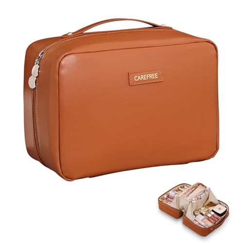 Travel Makeup Bag, Large Capacity Cosmetic Bags for Women, Waterproof Portable Pouch Open Flat Toiletry Bag Make up Bag (Brown) - color: Brown