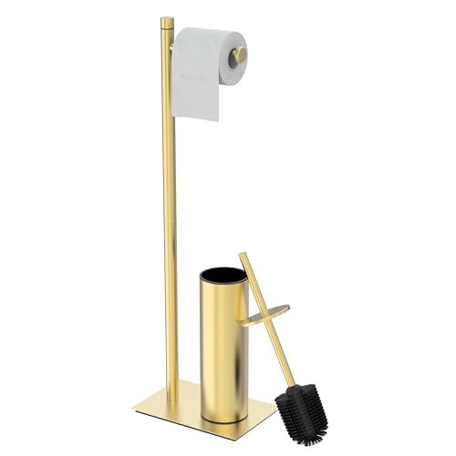 RUACQ Toilet Paper Holder Stand with Toilet Brush and Holder Set, 304 Stainless Steel Bathroom Toilet Tissue Paper Roll Holder Free Standing, Weighted Base, Heavy Duty (Brushed Gold) - color: Brushed Gold, size: Free standing