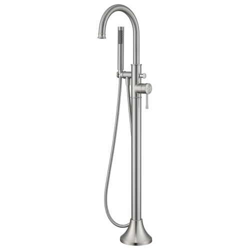 Wowkk Free Standing Tub Faucet Brushed Nickel Freestanding Bathtub Faucet Floor Mount Brass Bathroom Tub Filler with Hand Shower - color: Brushed Nickel, style: Modern