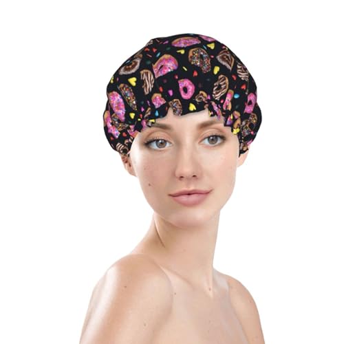 Doughnut Donuts Shower Cap For Women Reusable Waterproof Double Layers Bath Cap Hair Protection Elastic Ladies Spa Salon Shower Hat - color: Doughnut Donuts