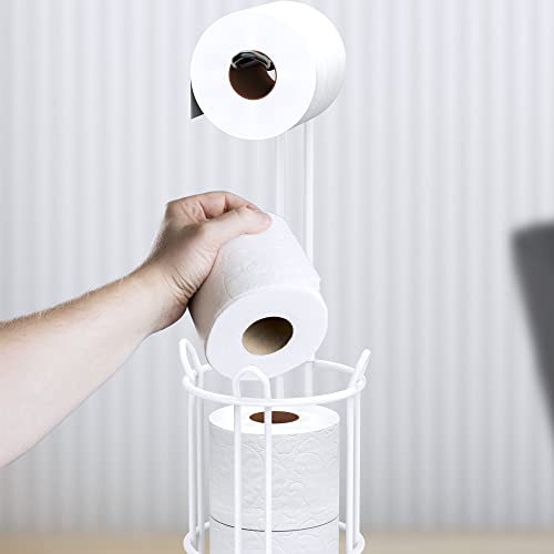 Meangood Toilet Paper Holder Stand and Tissue Paper Roll Dispenser for 4 Mega Rolls, Bathroom Free Standing Tissue Roll Storage Holder Rack, Metal Wire (White) - color: White