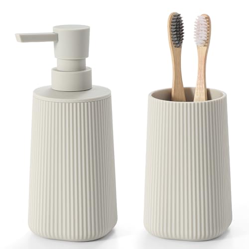 YAUKPH Bathroom Accessories Set 2 Piece Soap Dispenser and Toothbrush Holder for Bathroom Countertop Striped Beige - color: Striped Beige