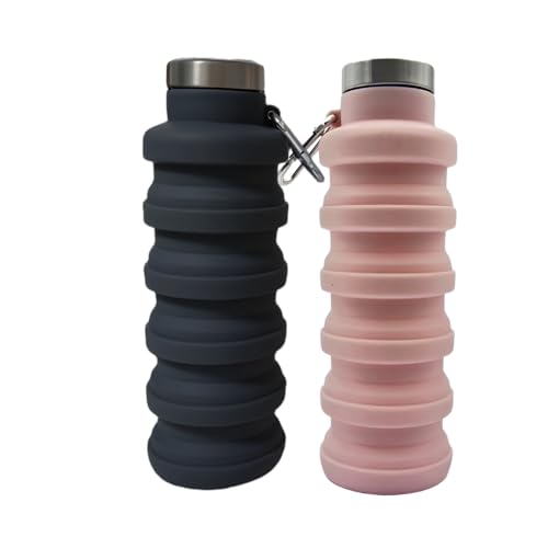 Collapsible Water Bottles，2 pack BPA Free Travel Silicone Water Bottle with Carabiner，17oz Reusable Foldable Lightweight Portable Sports Water Bottle for Travel Gym Camping Hiking (Black+Pink) - color: Black+Pink