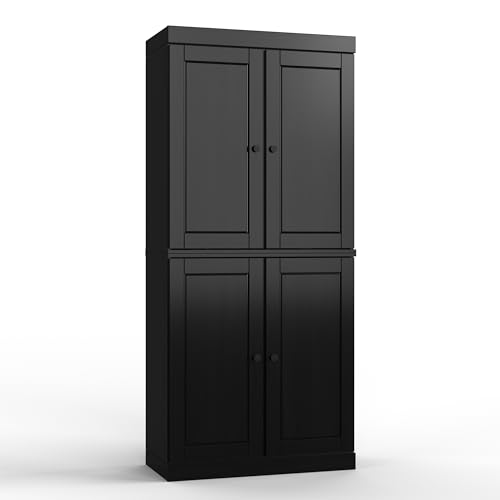 Palace Imports Solid Wood Tall Bathroom Pantry Cabinet with 4 Wooden Doors & Adjustable Shelves, Black - 100% Eco-Friendly, Renewable, Space-Saving Storage, 71.5" H x 32" W, Made in Brazil - color: Black